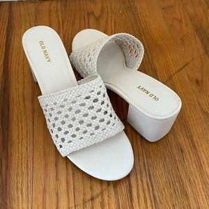 White Basket Weave Faux Leather Block Heel Sandals